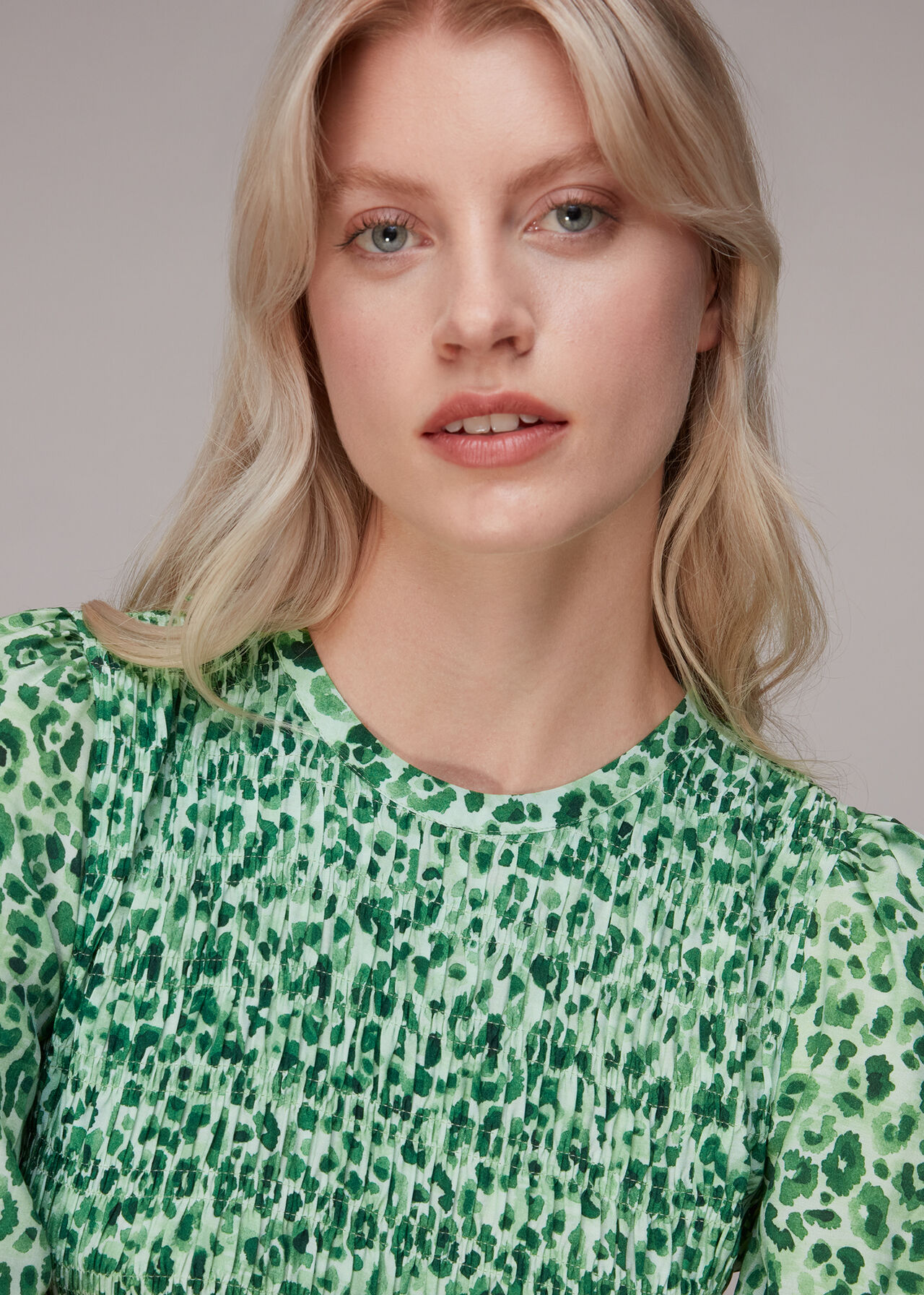 Green/Multi Cheetah Print Shirred Dress | WHISTLES