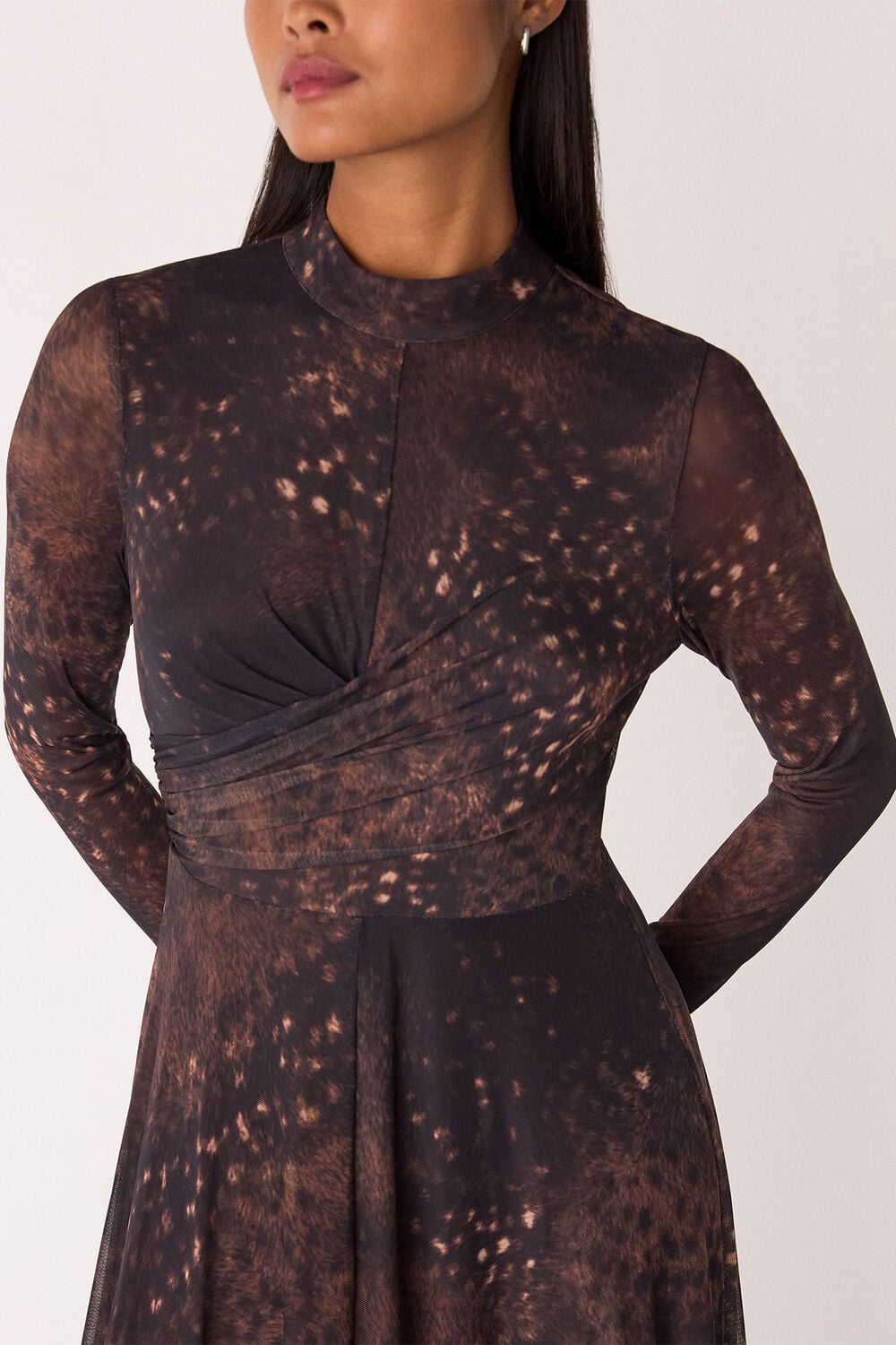 Brown Petite Spotted Animal Mesh Dress