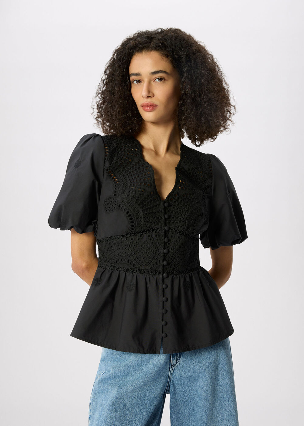 Cotton Broderie V Neck Blouse