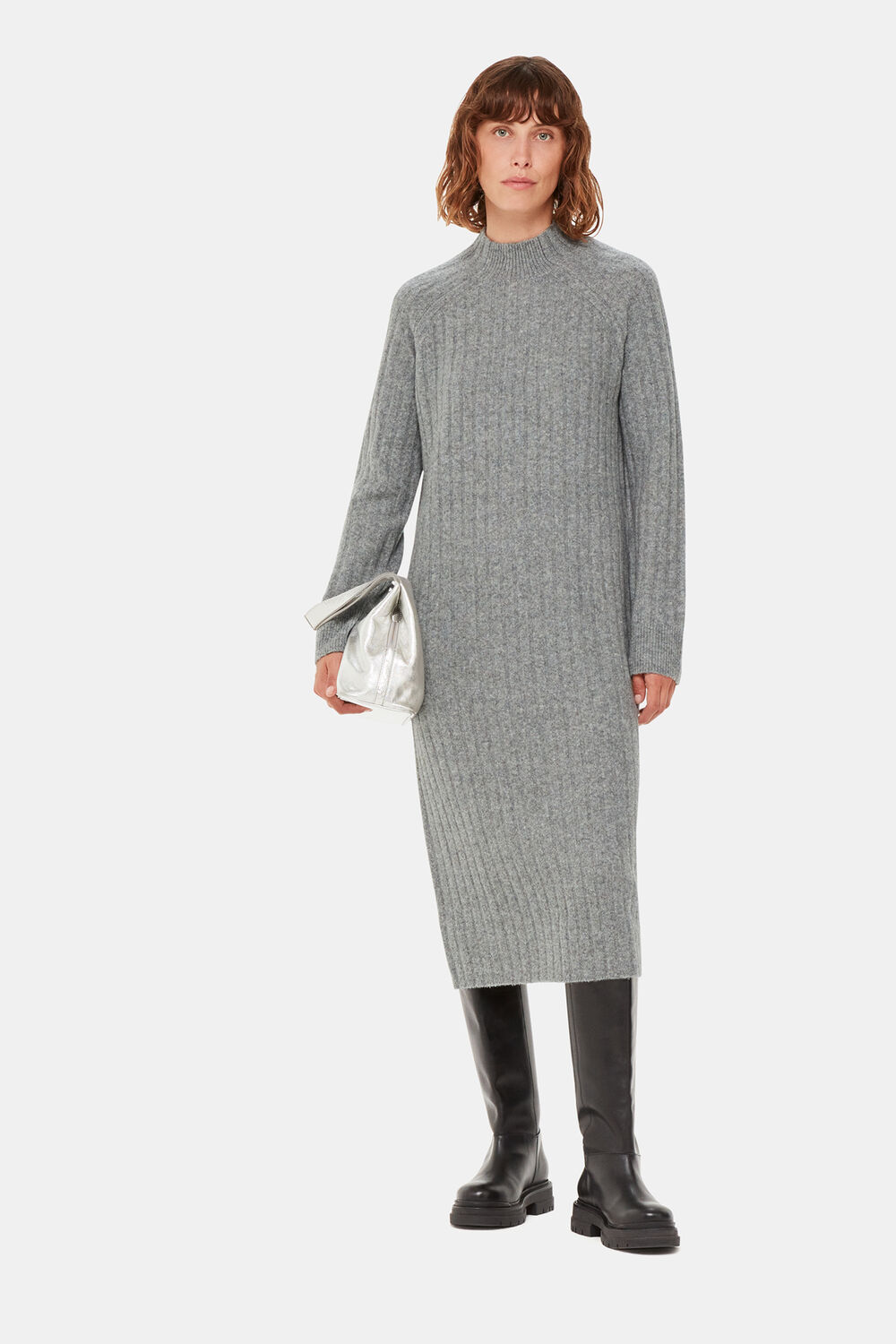 Grey Ribbed Knitted Midi Dress