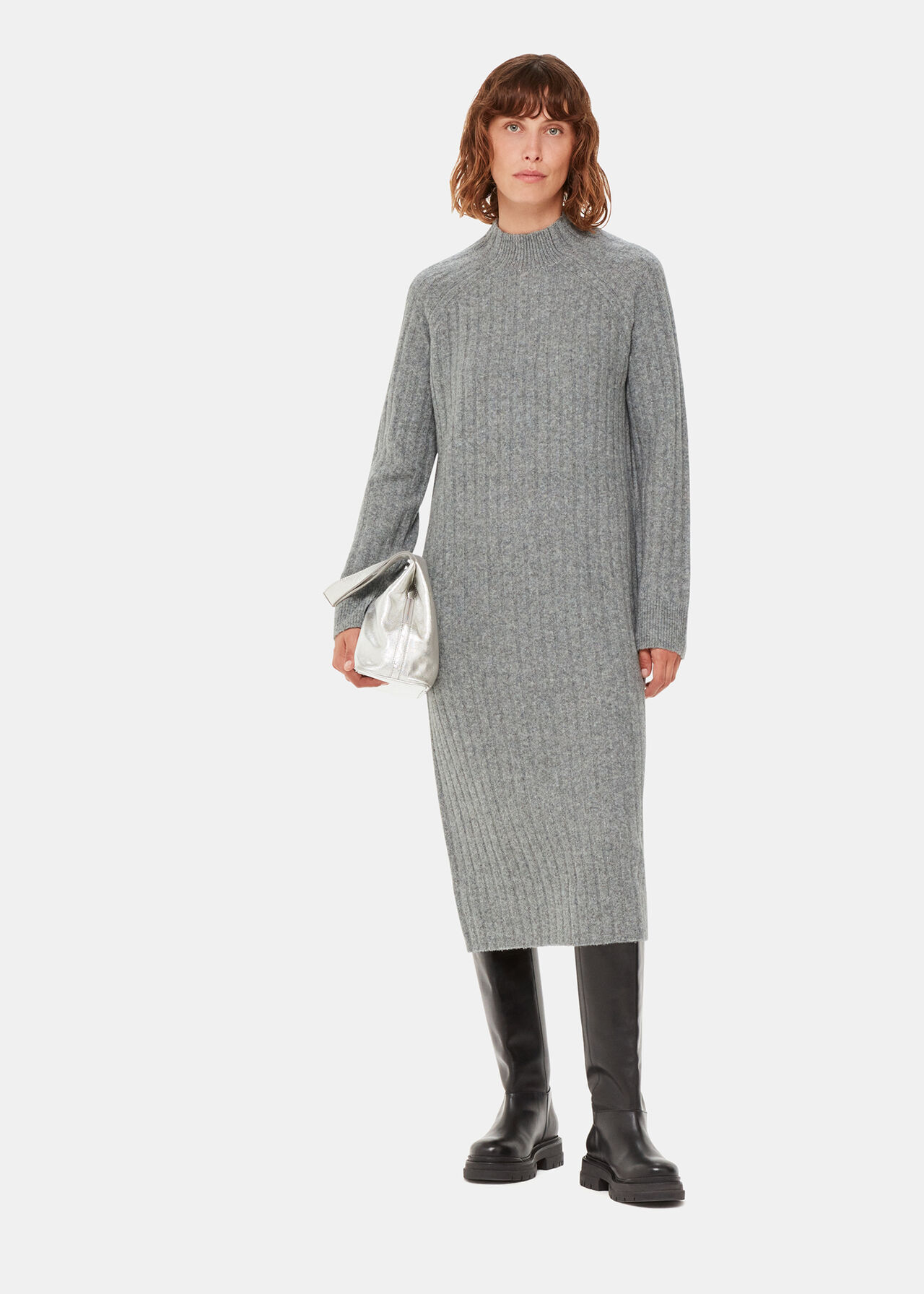 Grey Ribbed Knitted Midi Dress | WHISTLES | Whistles UK
