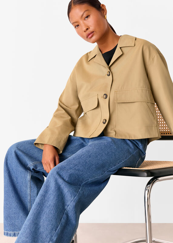 Neutral Petite Short Cotton Trench Jacket