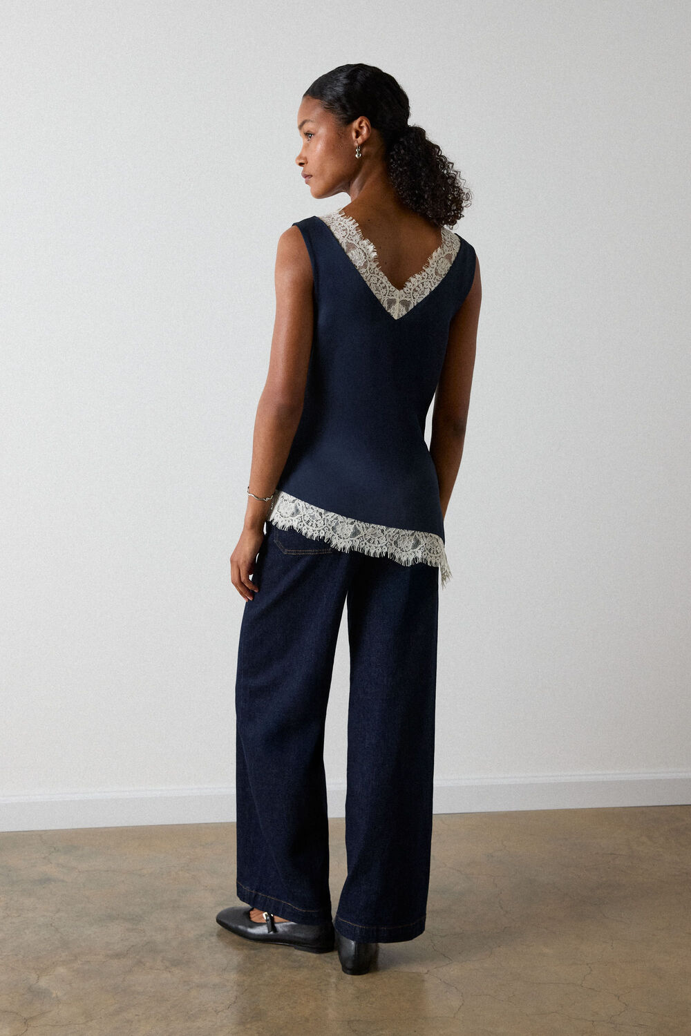 Navy Lace Trim Satin Cami Top