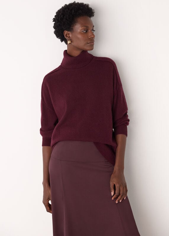 Burgundy Cashmere Seam Roll Neck Knit