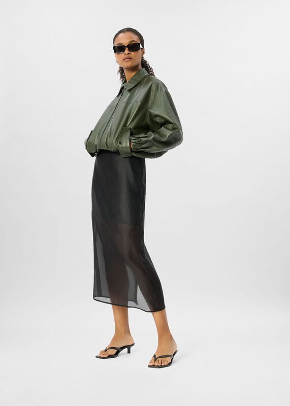 Black Organza Column Midi Skirt