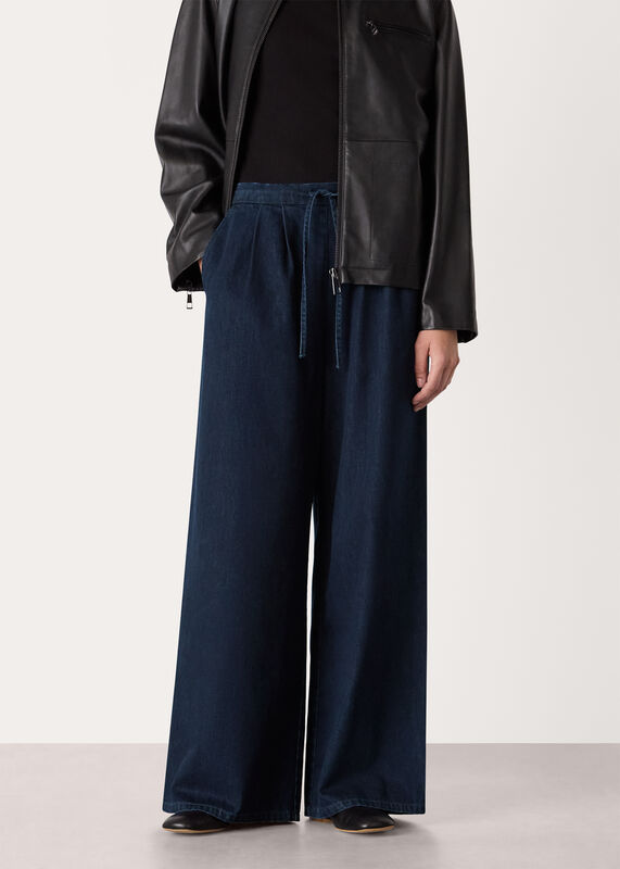 Dark Denim Cotton Wide Leg Pleat Trouser
