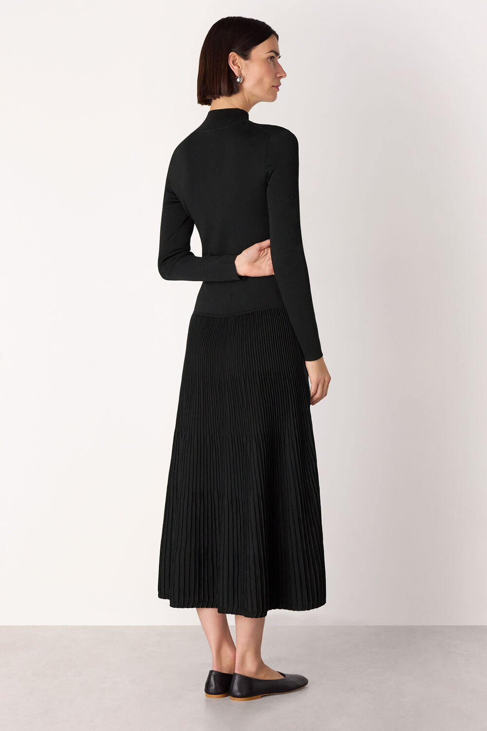 Black Funnel Neck Pleated Knit Dress