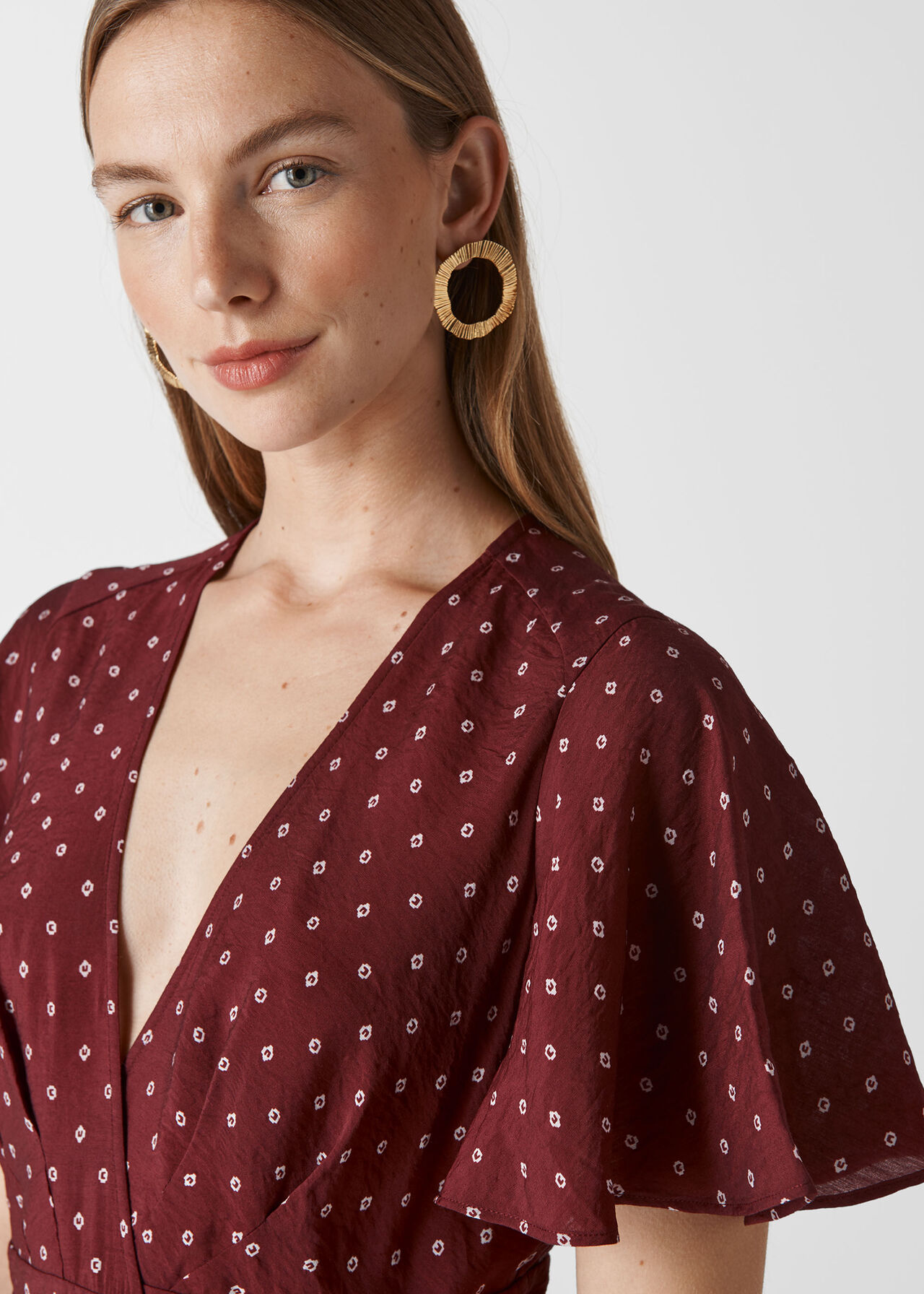 Woodblock Print Wrap Dress Burgundy