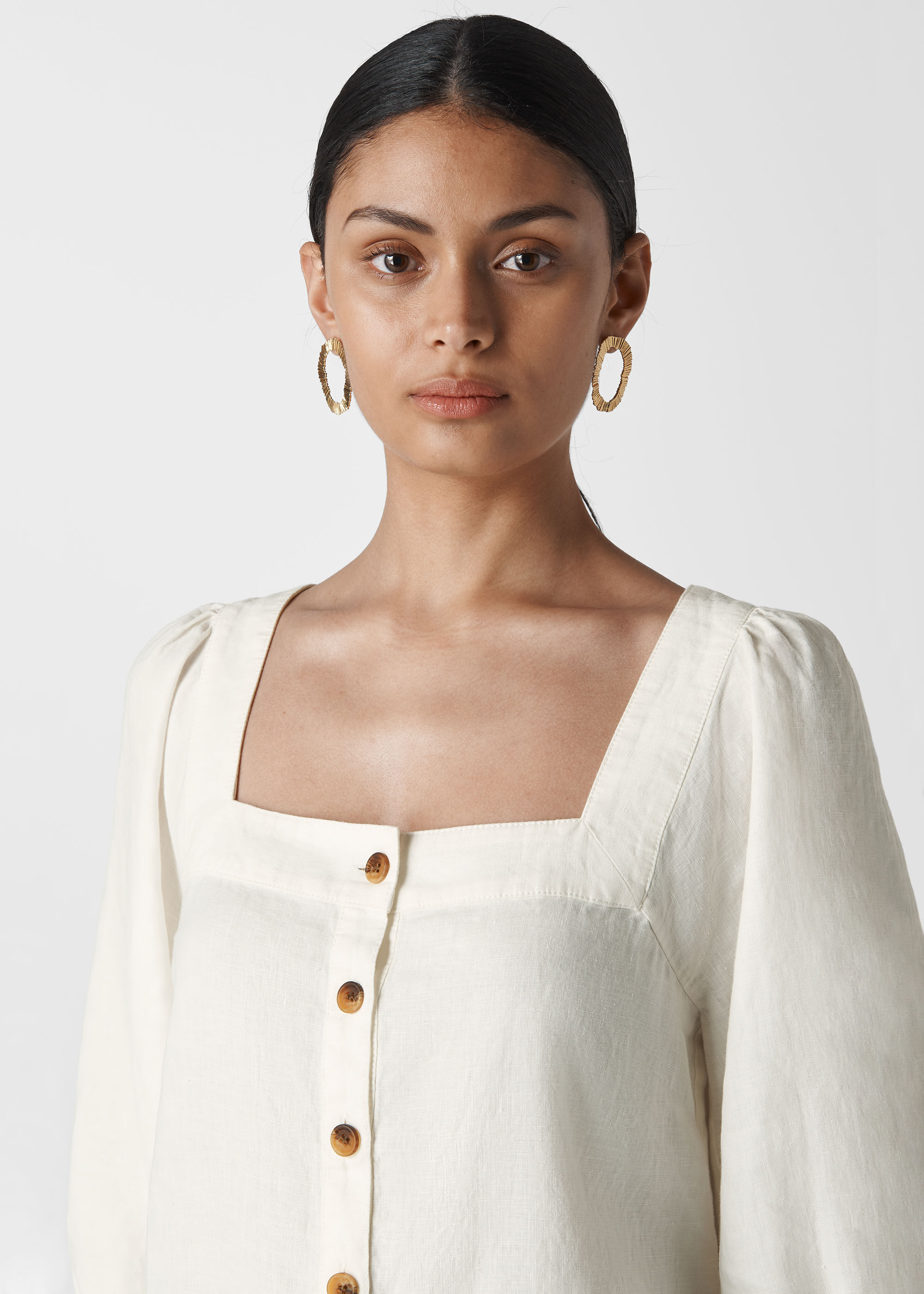 White Square Neck Linen Blouse 