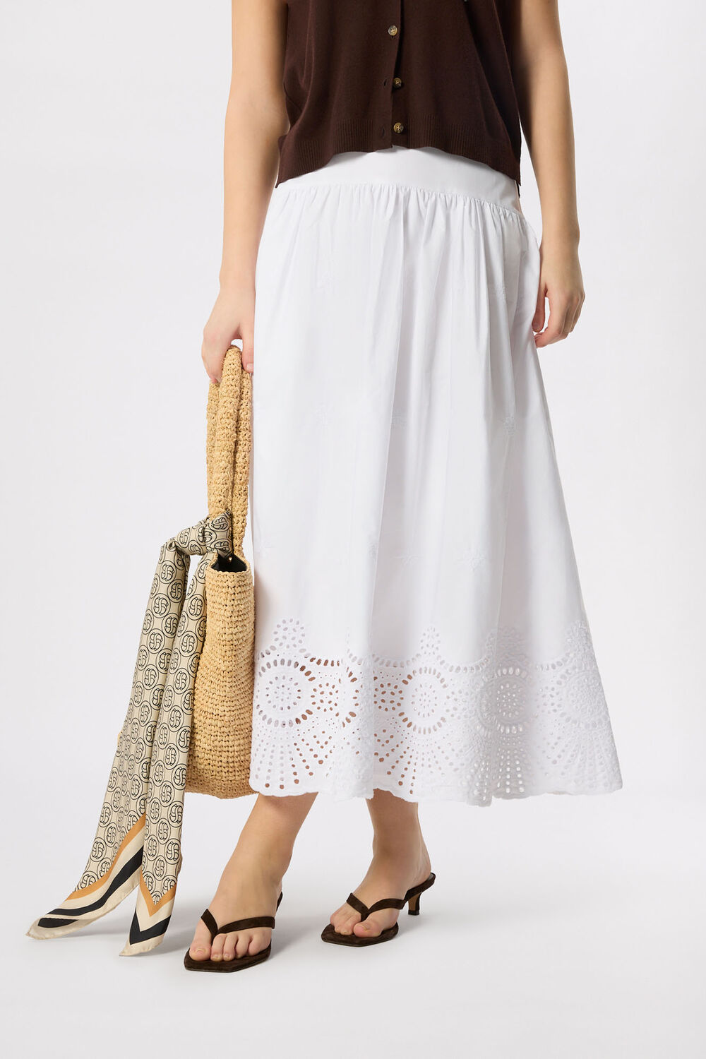 White Broderie Cotton Midi Skirt