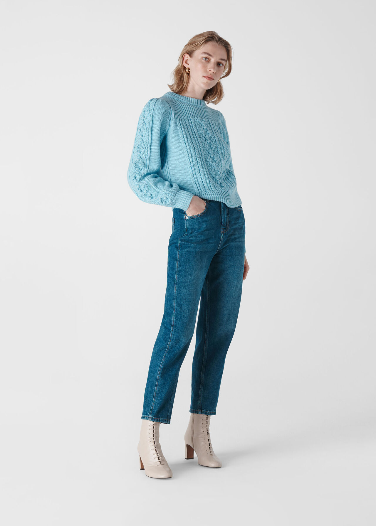 Puff Sleeve Cable Sweater Blue