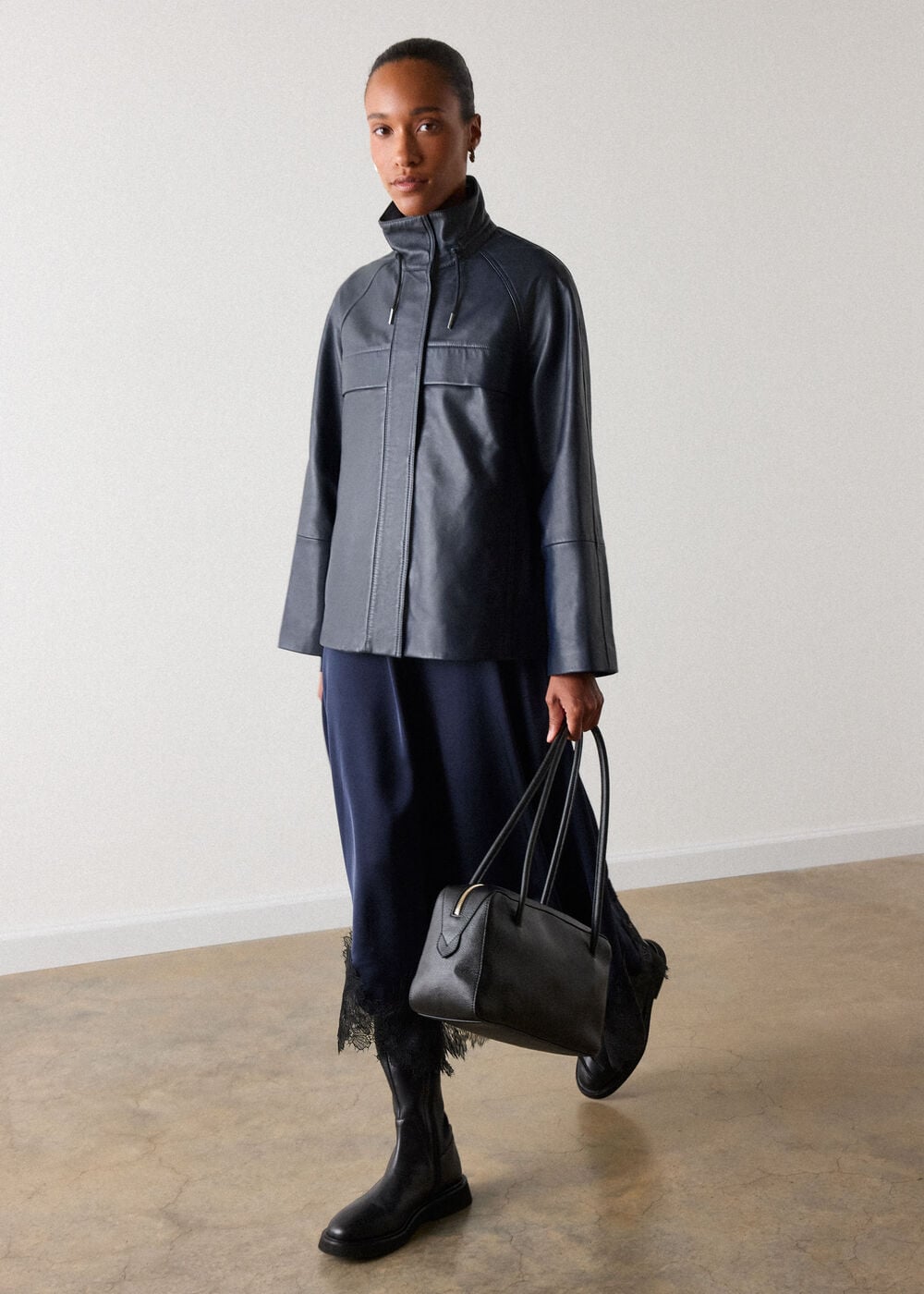 Navy Leather Funnel Neck Anorak