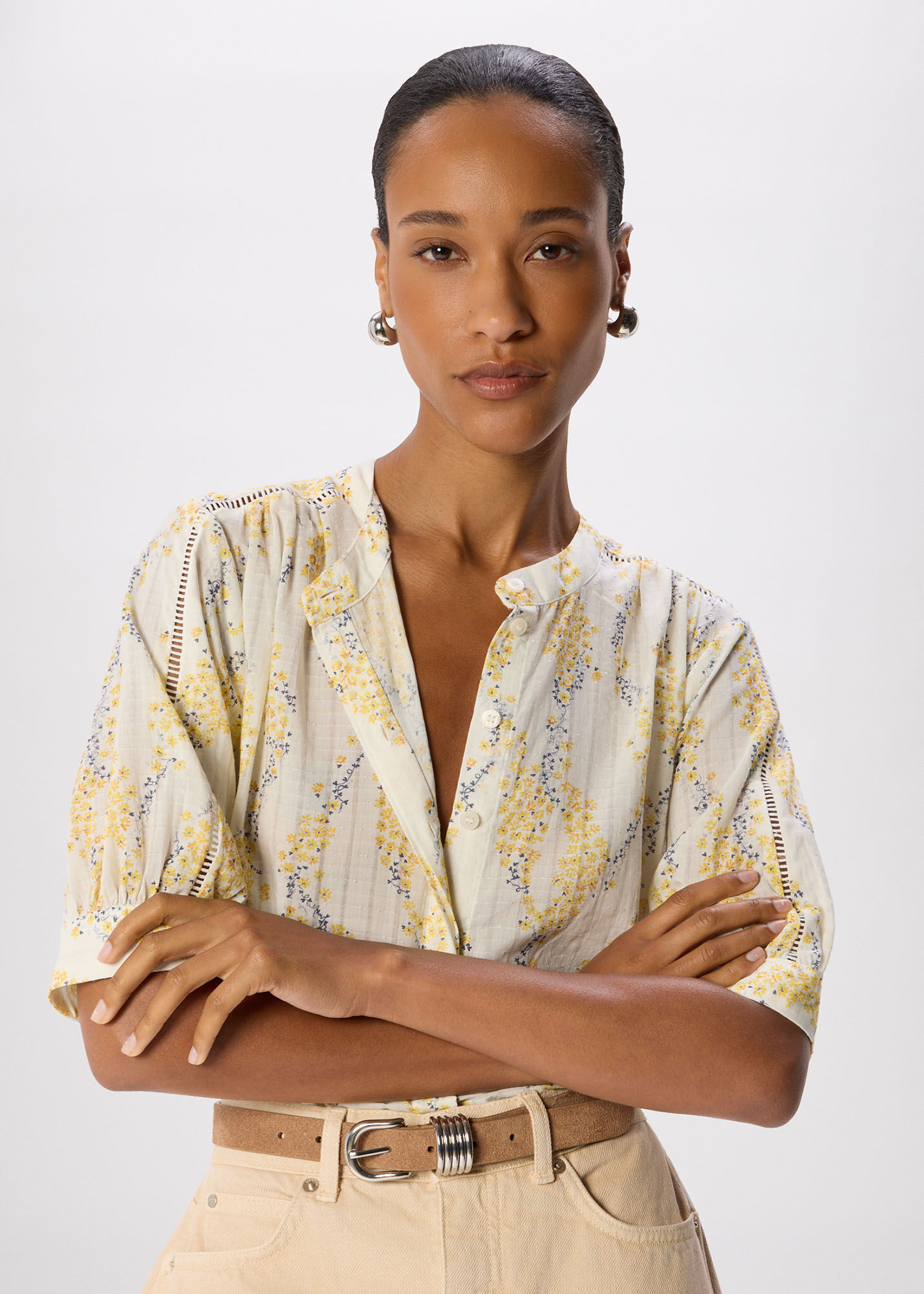 Yellow/Multi Ditsy Stem Textured Shirt | WHISTLES | Whistles US |