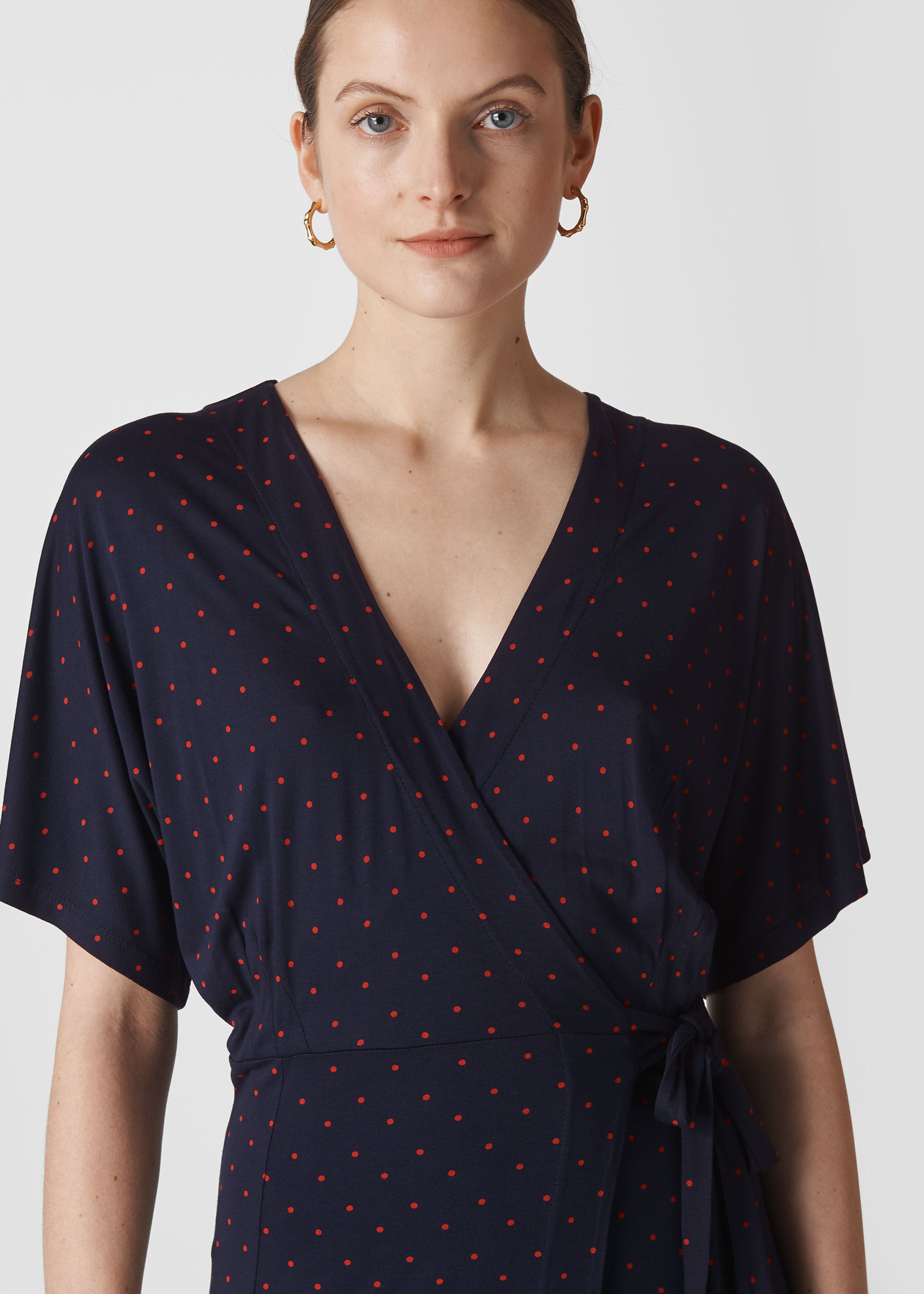 Navy spot wrap dress store