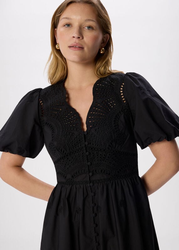 Black Cotton Broderie V Neck Dress