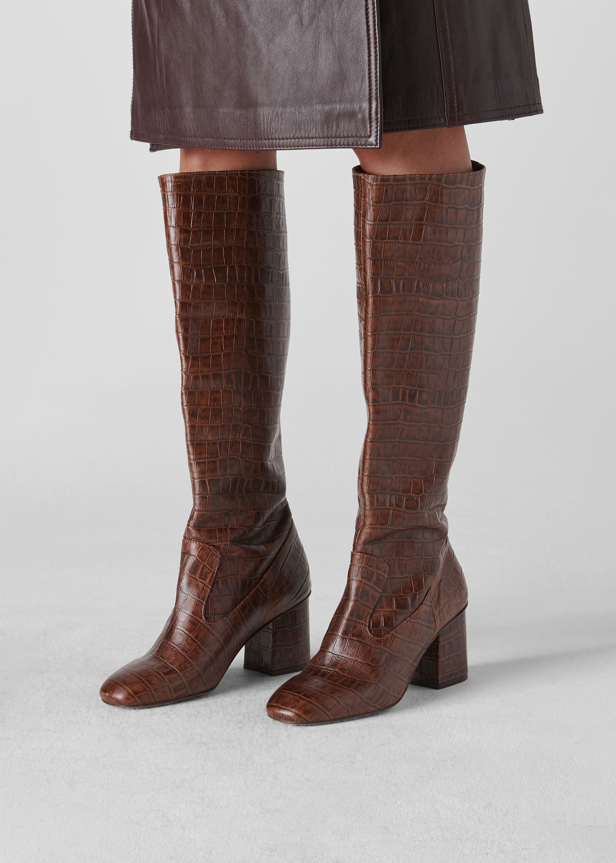 Brown croc knee high boots store