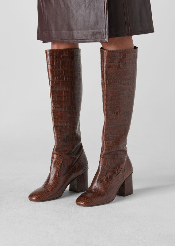 Brown Hazel Croc Knee High Boot