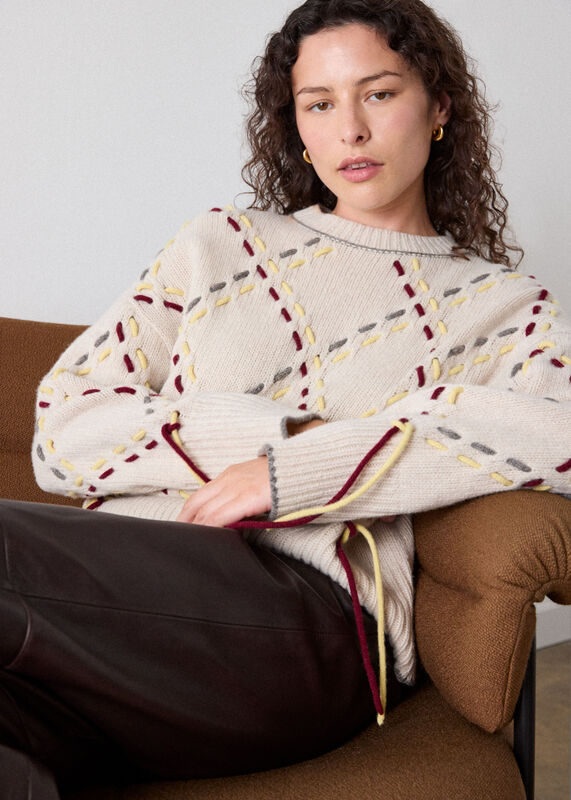 Ivory Fringed Argyle Check Knit