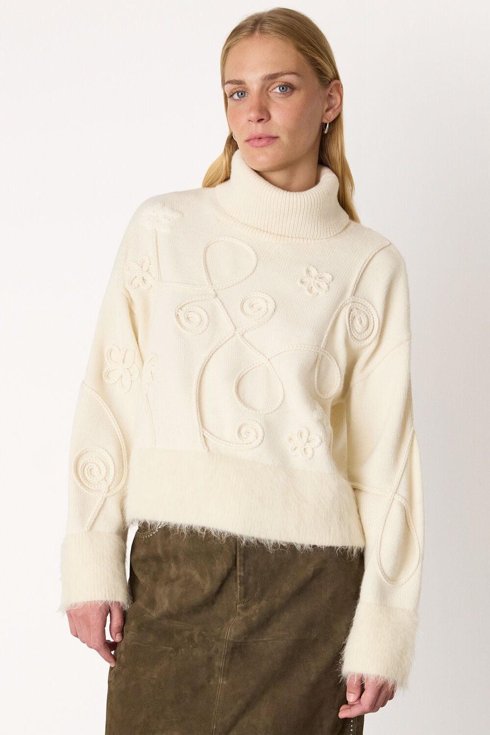 Cream Wool Embroidered Floral Jumper