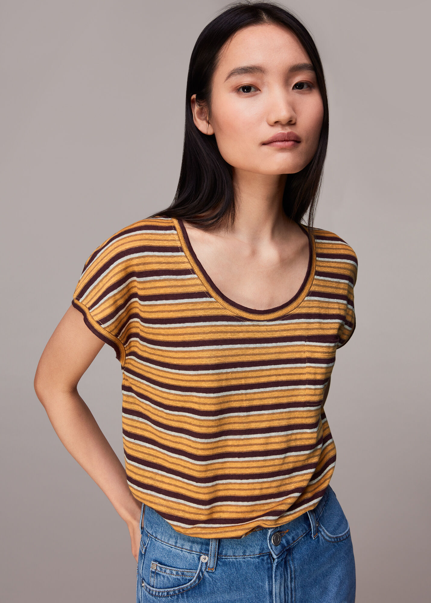 Yellow/Multi Linen Stripe Scoop Neck 