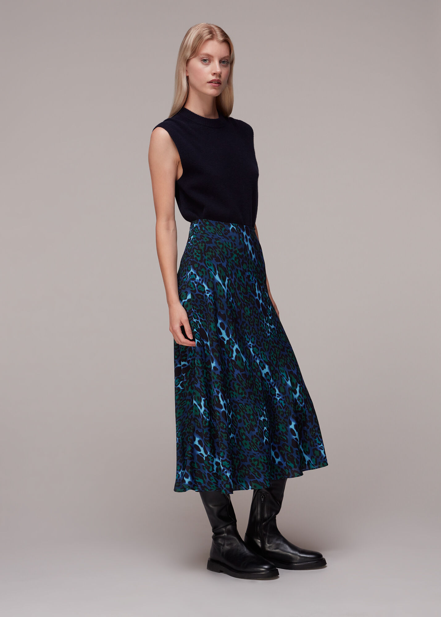 Blue/Multi Night Cat Bias Cut Skirt WHISTLES