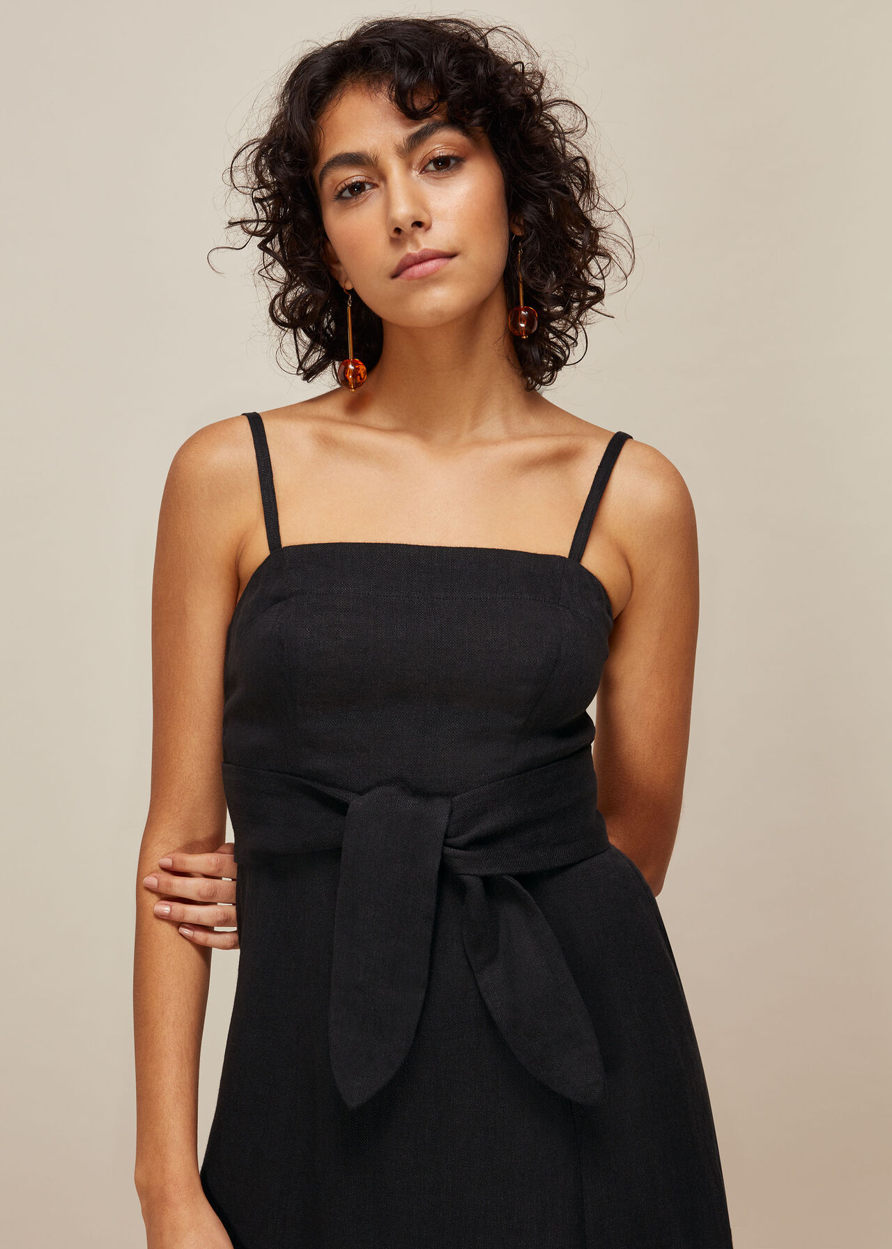 Linen Tie Front Strappy Dress Black