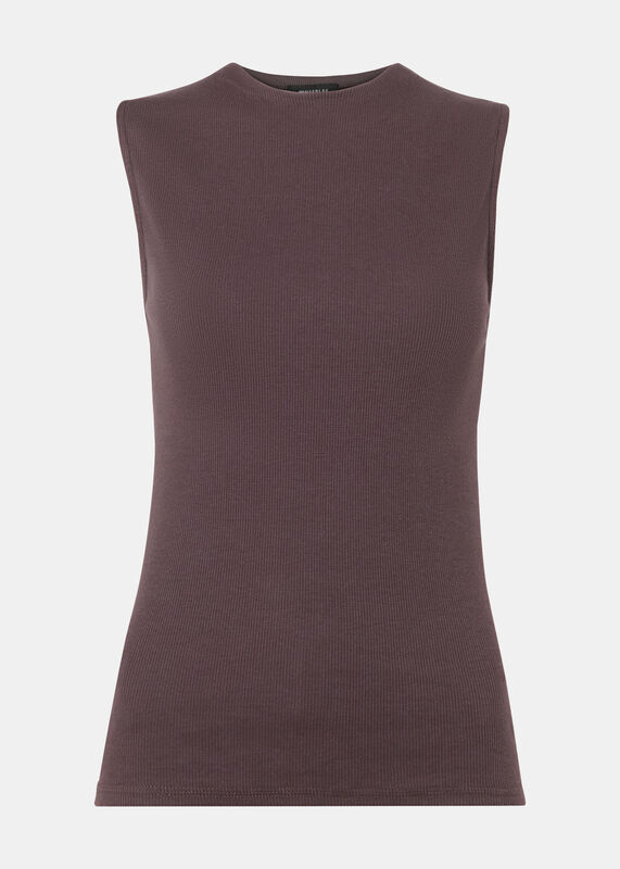 Brown High Neck Rib Detail Tee