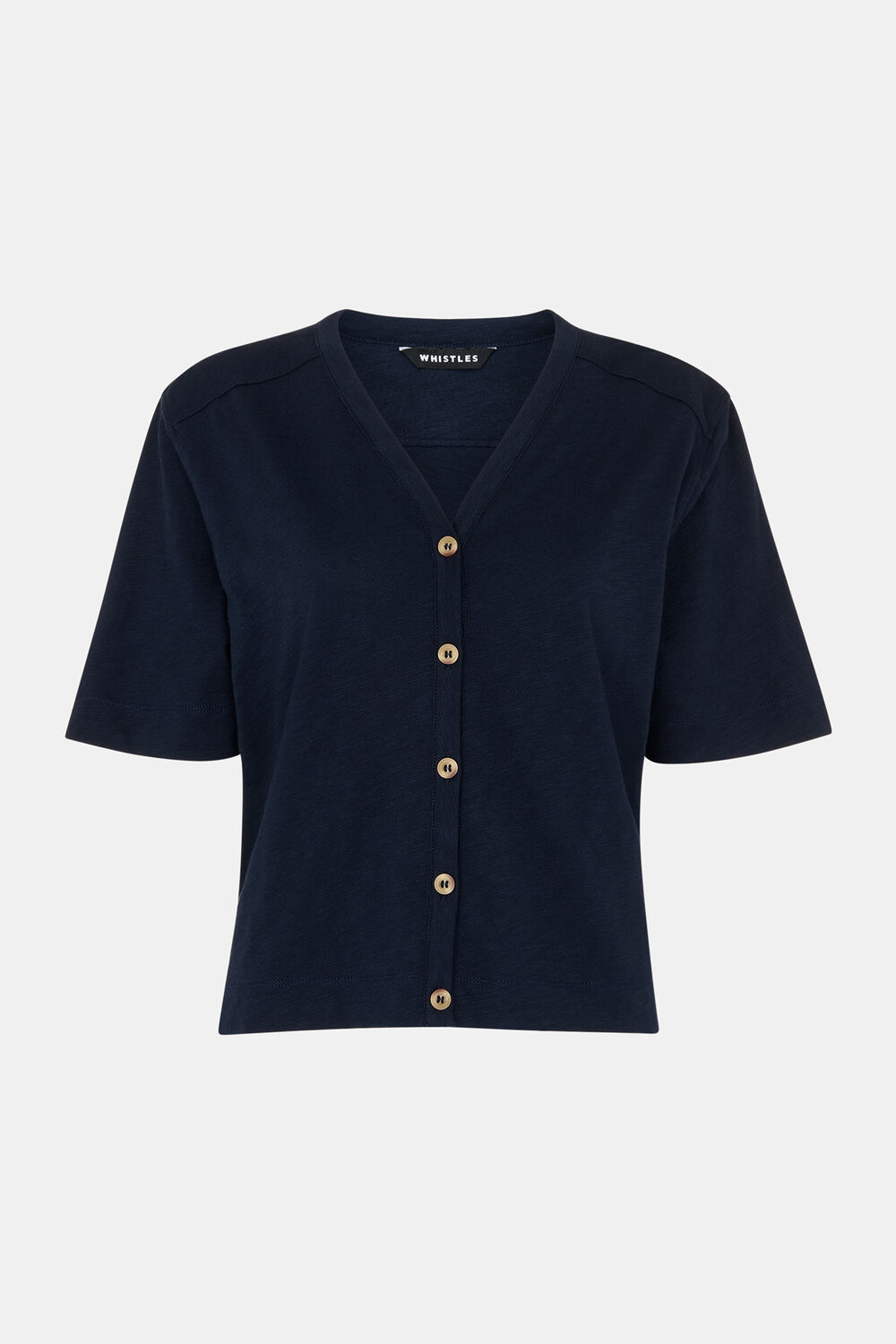 Navy Ella V Neck Button Through Tee