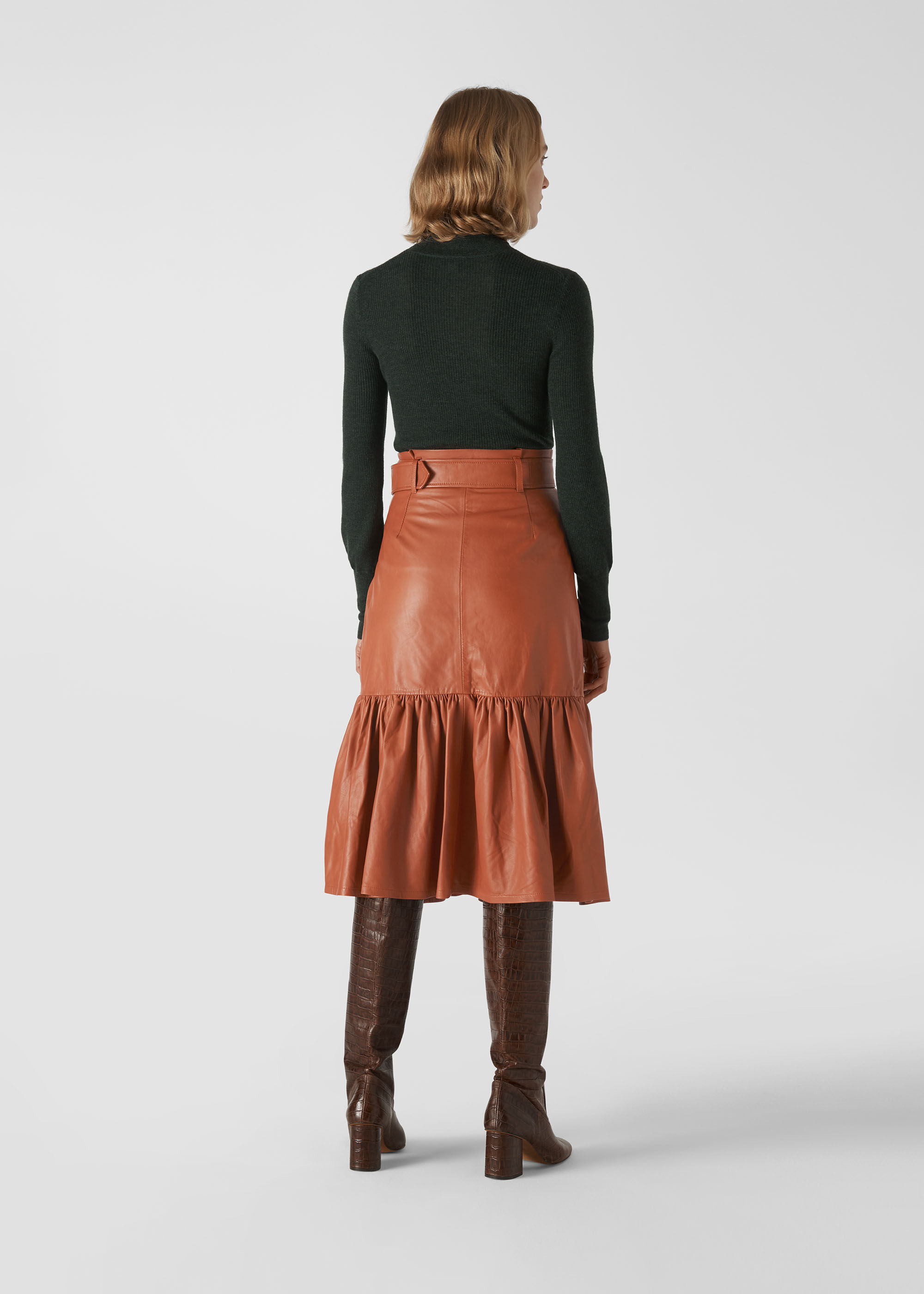 Toffee Belted Leather Skirt