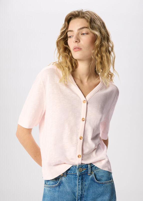 Pale Pink Ella V Neck Button Through Tee