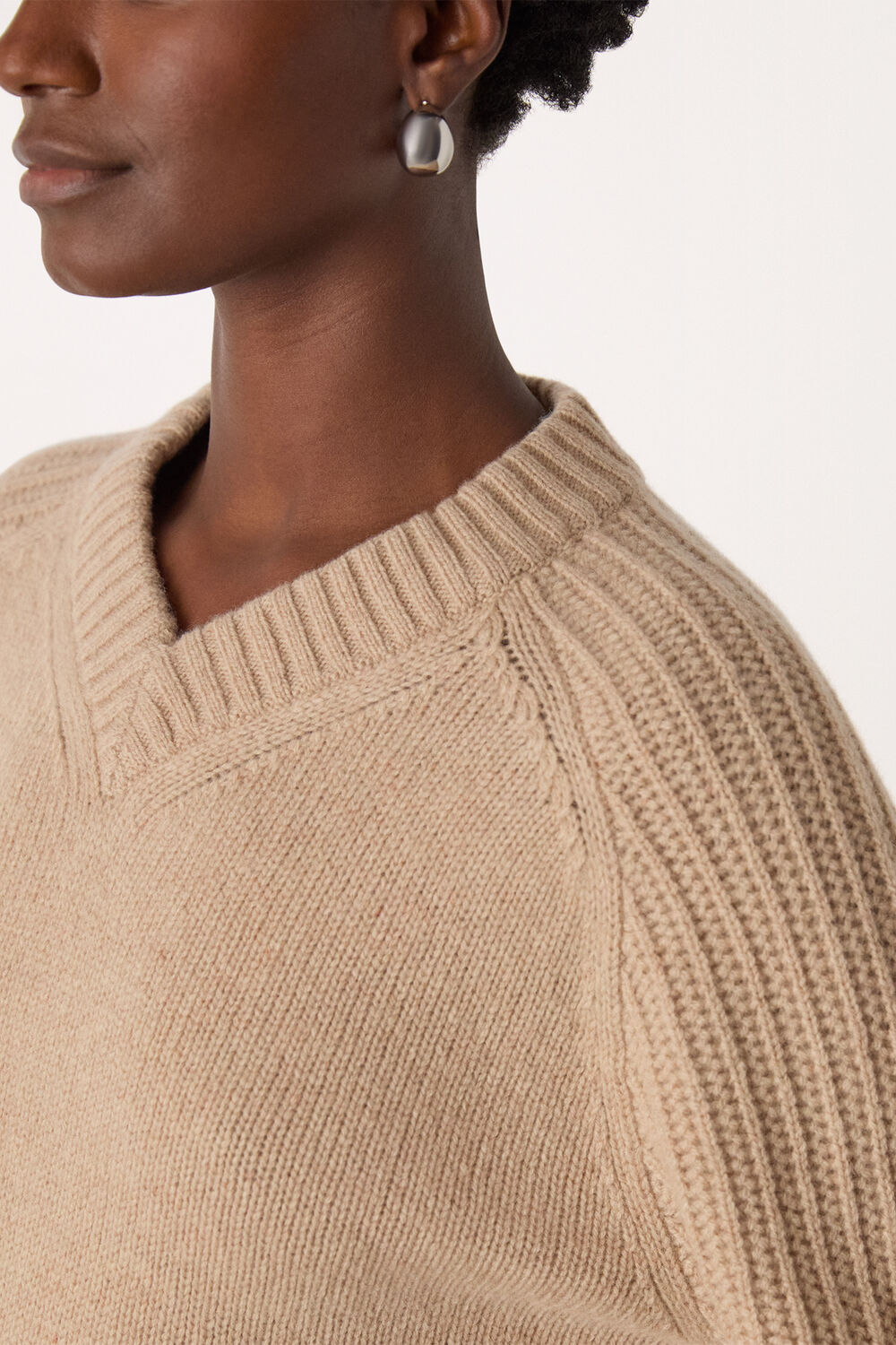 Camel Wool Ribbed Sleeve V Neck Knit