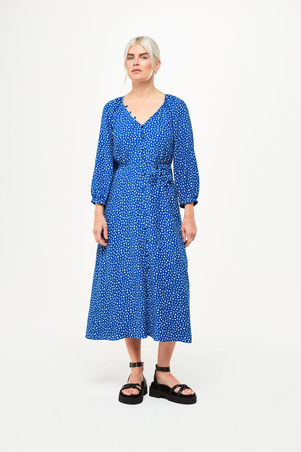 Blue Petite Micro Cactus Print Midi Dress