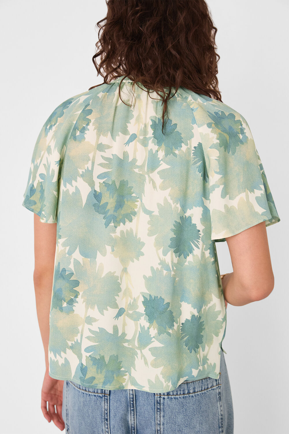 Blue Floral Tie Neck Blouse