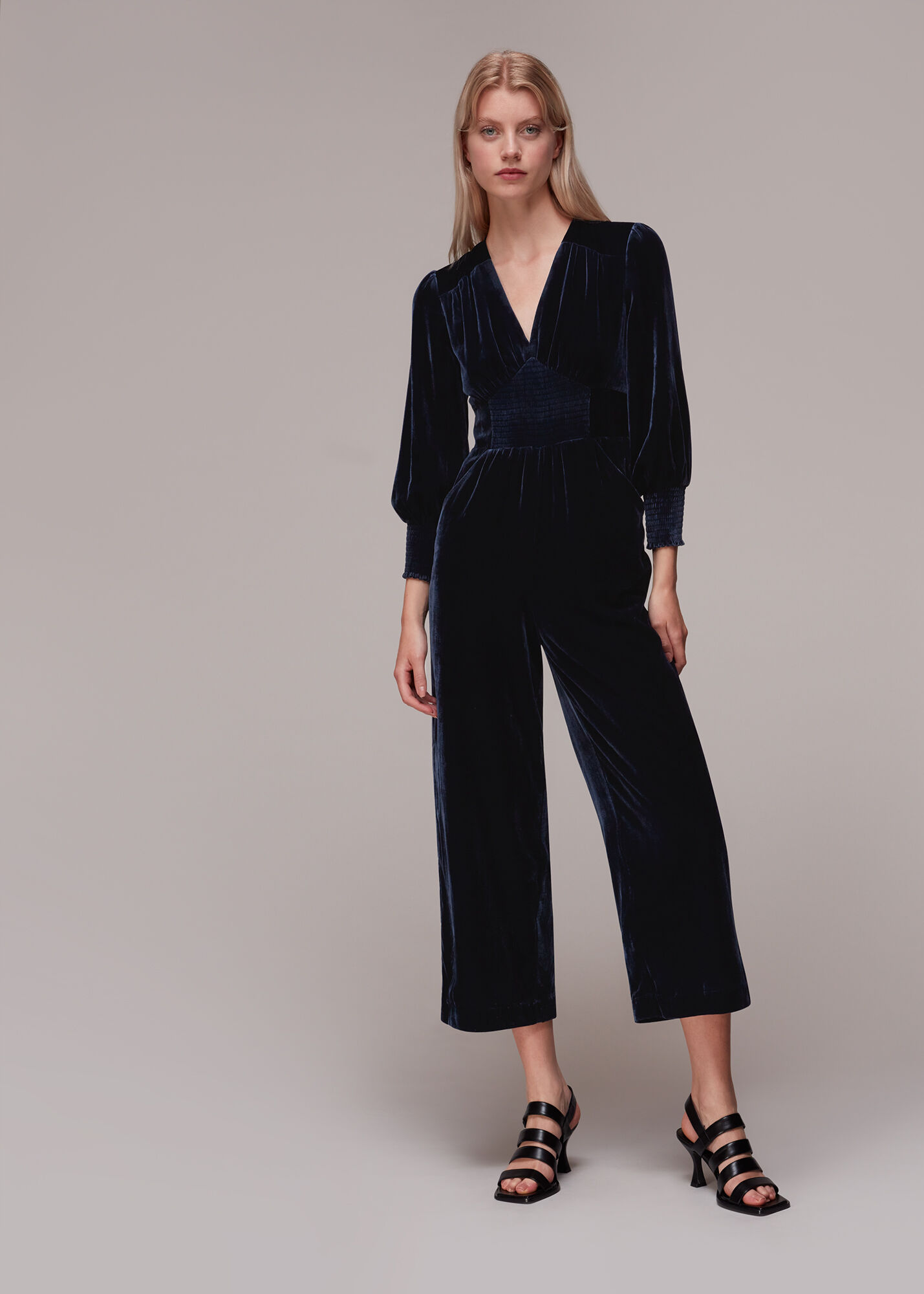 Navy Maisey Shirred Velvet Jumpsuit WHISTLES