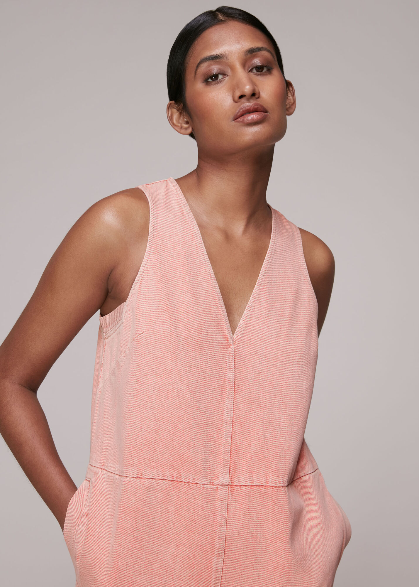 Pink V Neck Denim Jumpsuit WHISTLES Whistles UK