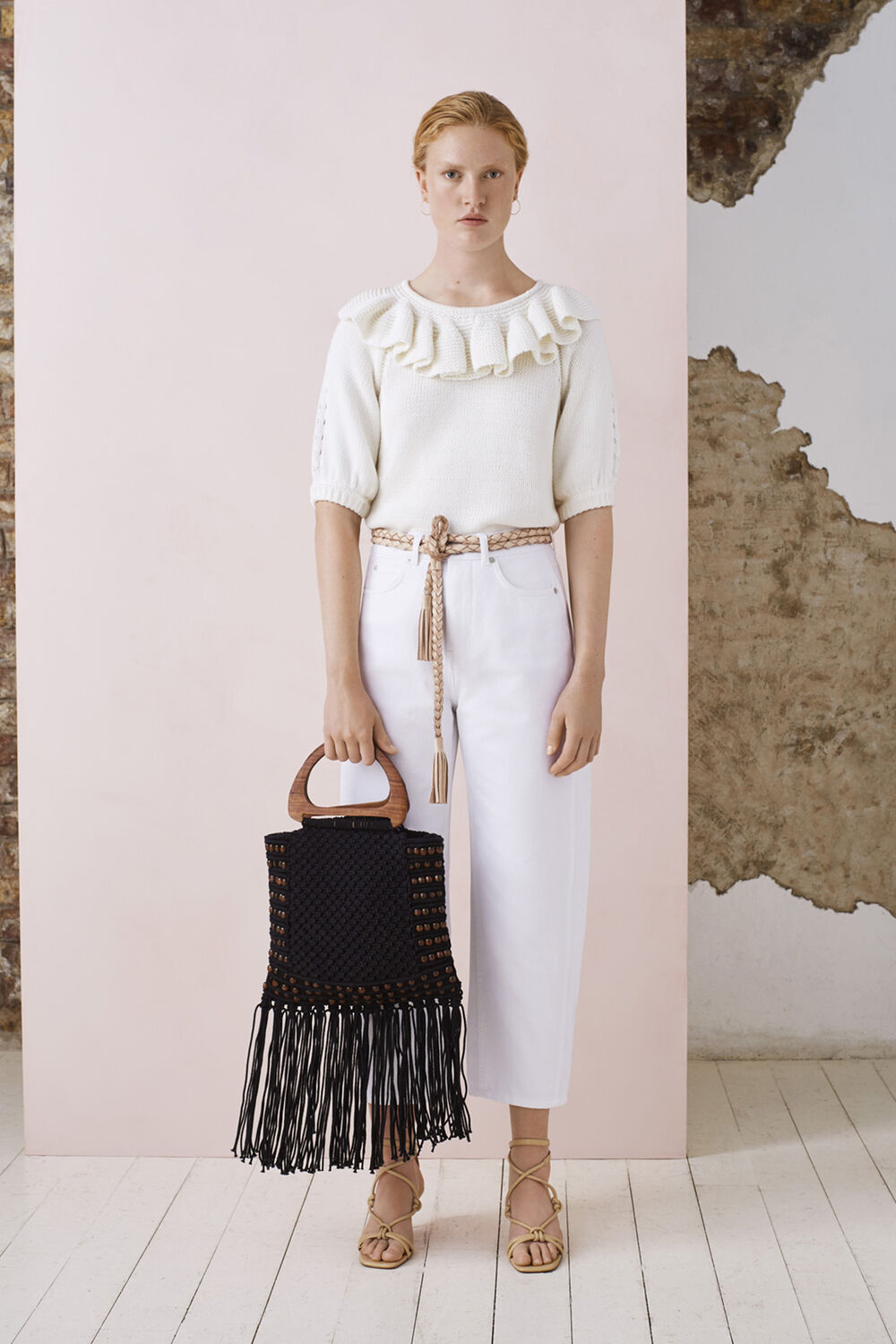 Frill Neck Knit Sweater White