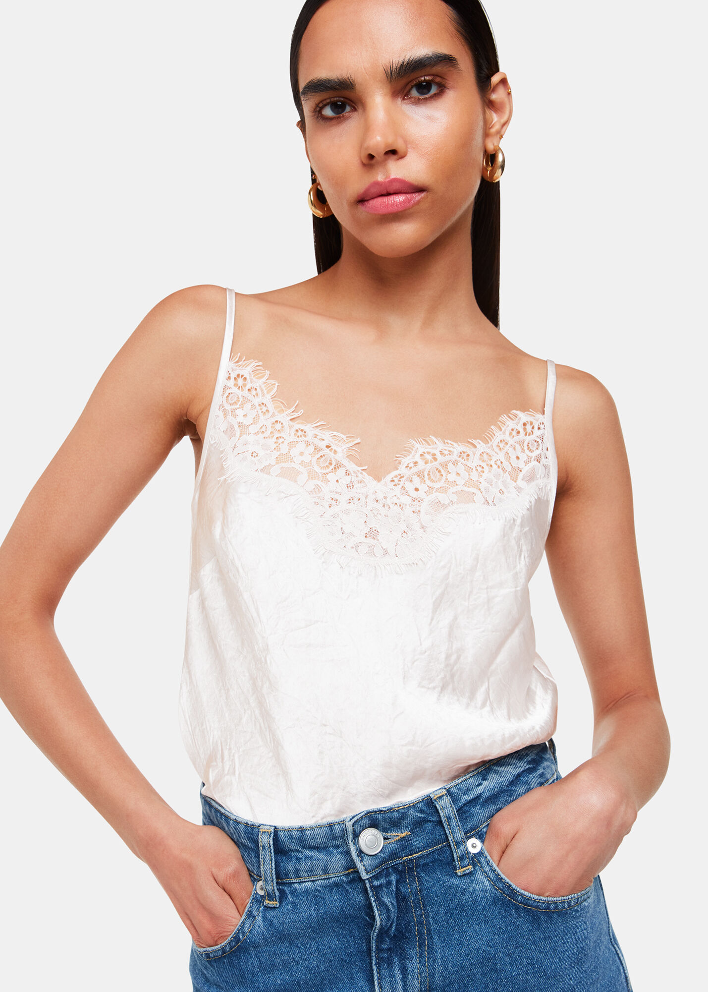 Neutral Lace Trim Cami Top | WHISTLES | Whistles US |