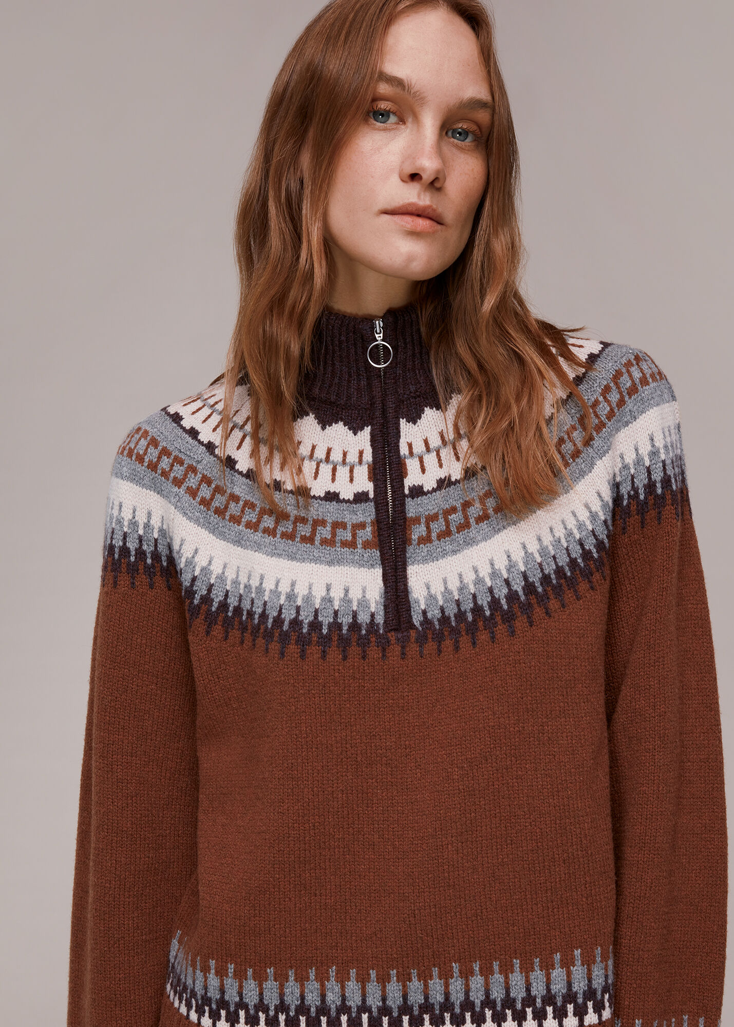 Brown Fairisle Zip Sweater
