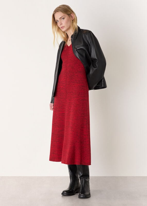 Red Melange Ribbed Midi Knit Dress