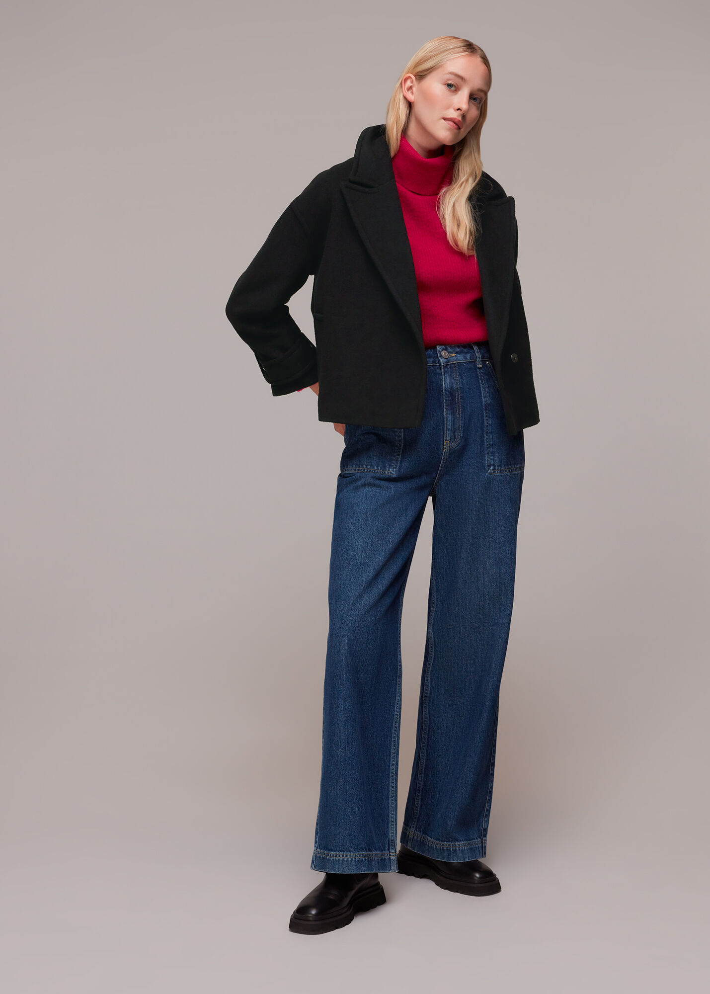 Black Relaxed Cropped Wool Coat WHISTLES Whistles UK