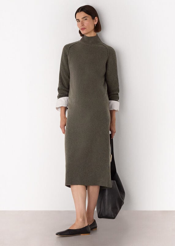 Dark Green Funnel Neck Wool Midi Dress