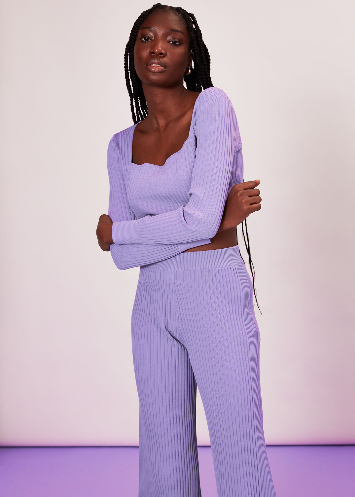 Lilac Wide Leg Rib Knit Trouser | WHISTLES | Whistles US |