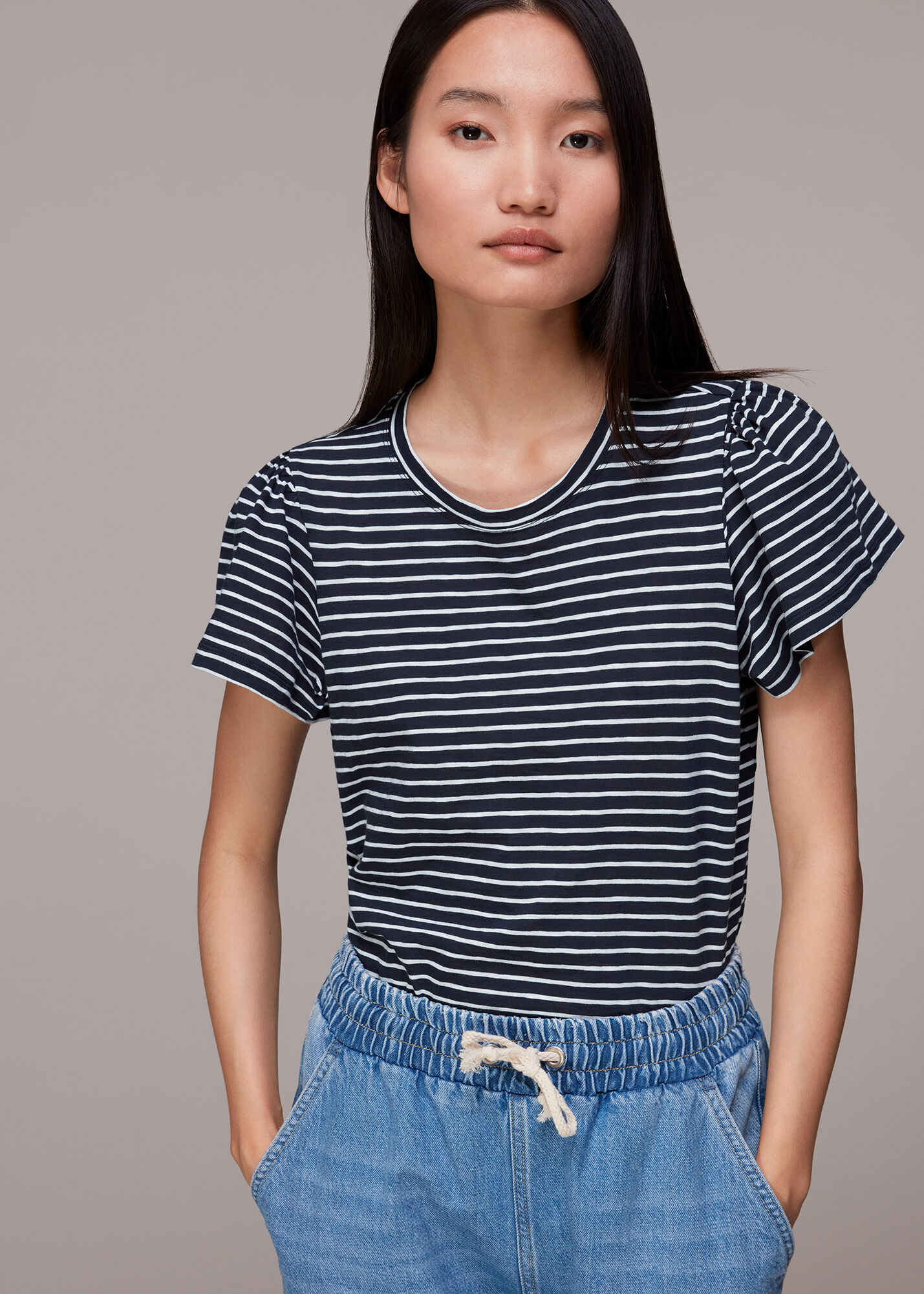 Navy/Multi Cotton Frill Stripe T Shirt | WHISTLES |