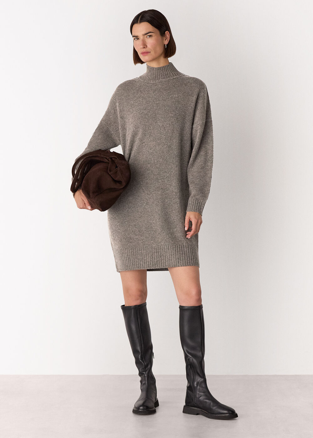 Funnel Neck Wool Mini Dress