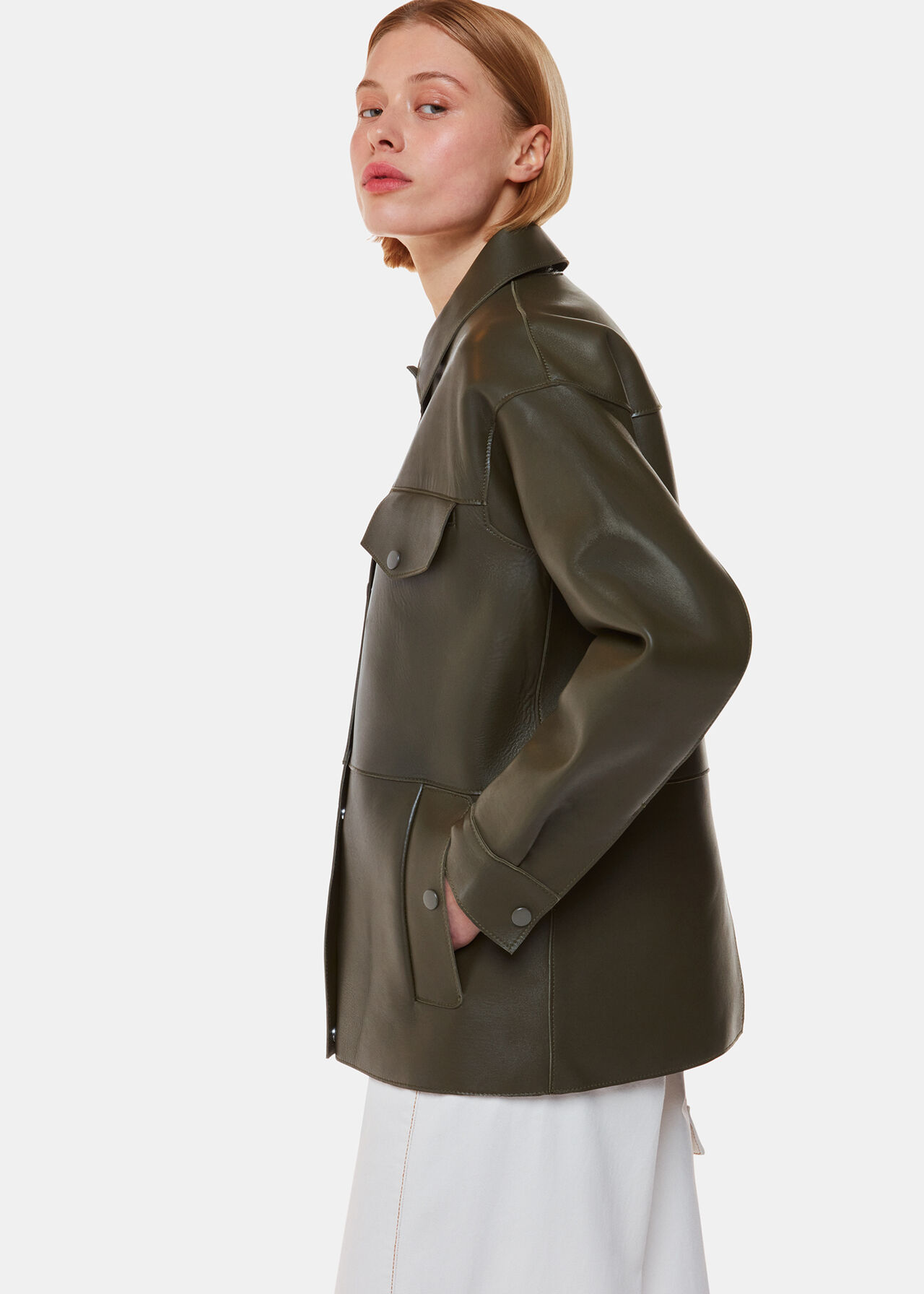 Khaki Clean Bonded Leather Jacket WHISTLES Whistles US