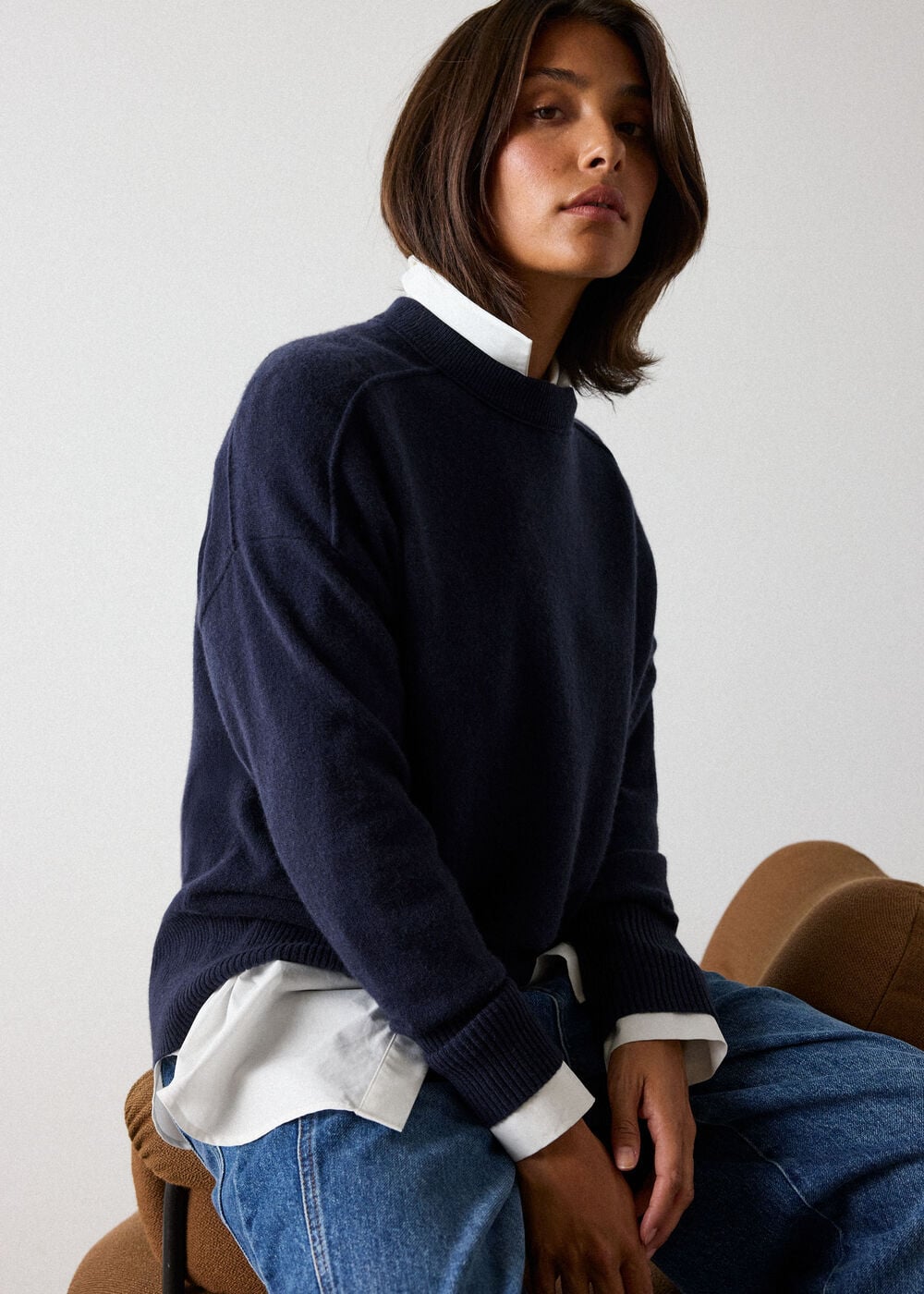 Navy Cashmere Seam Detail Crew Knit