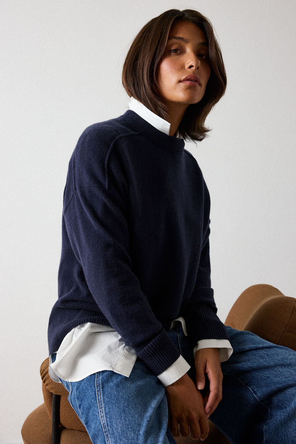 Navy Cashmere Seam Detail Crew Knit