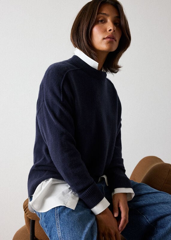 Navy Cashmere Seam Detail Crew Knit