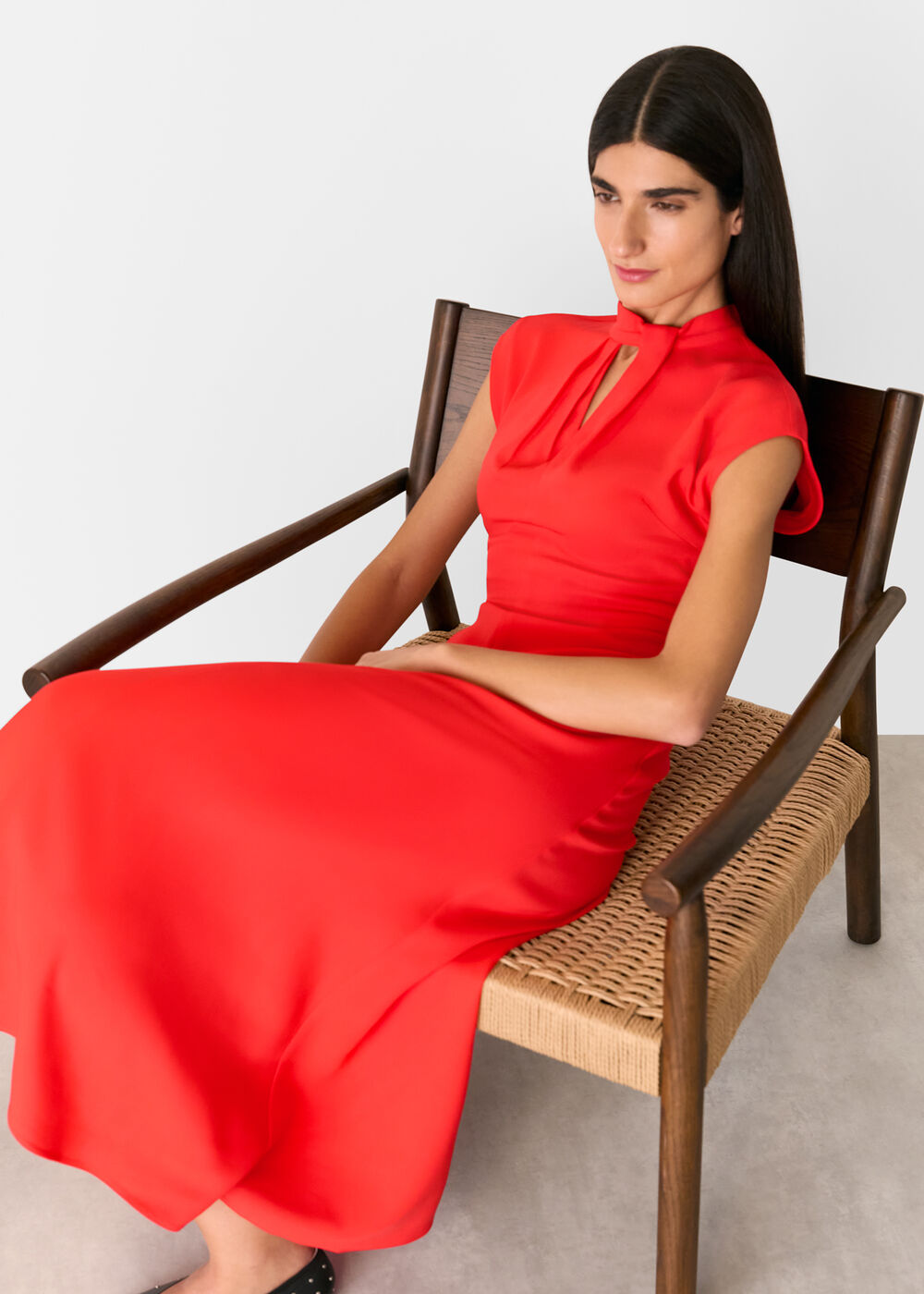 Twist Neck Crepe Midi Dress