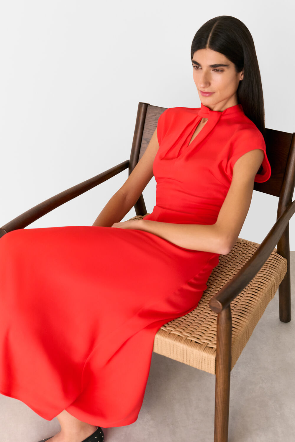 Twist Neck Crepe Midi Dress